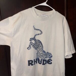 Rhude Cream T-Shirt with Blue Leopard Design